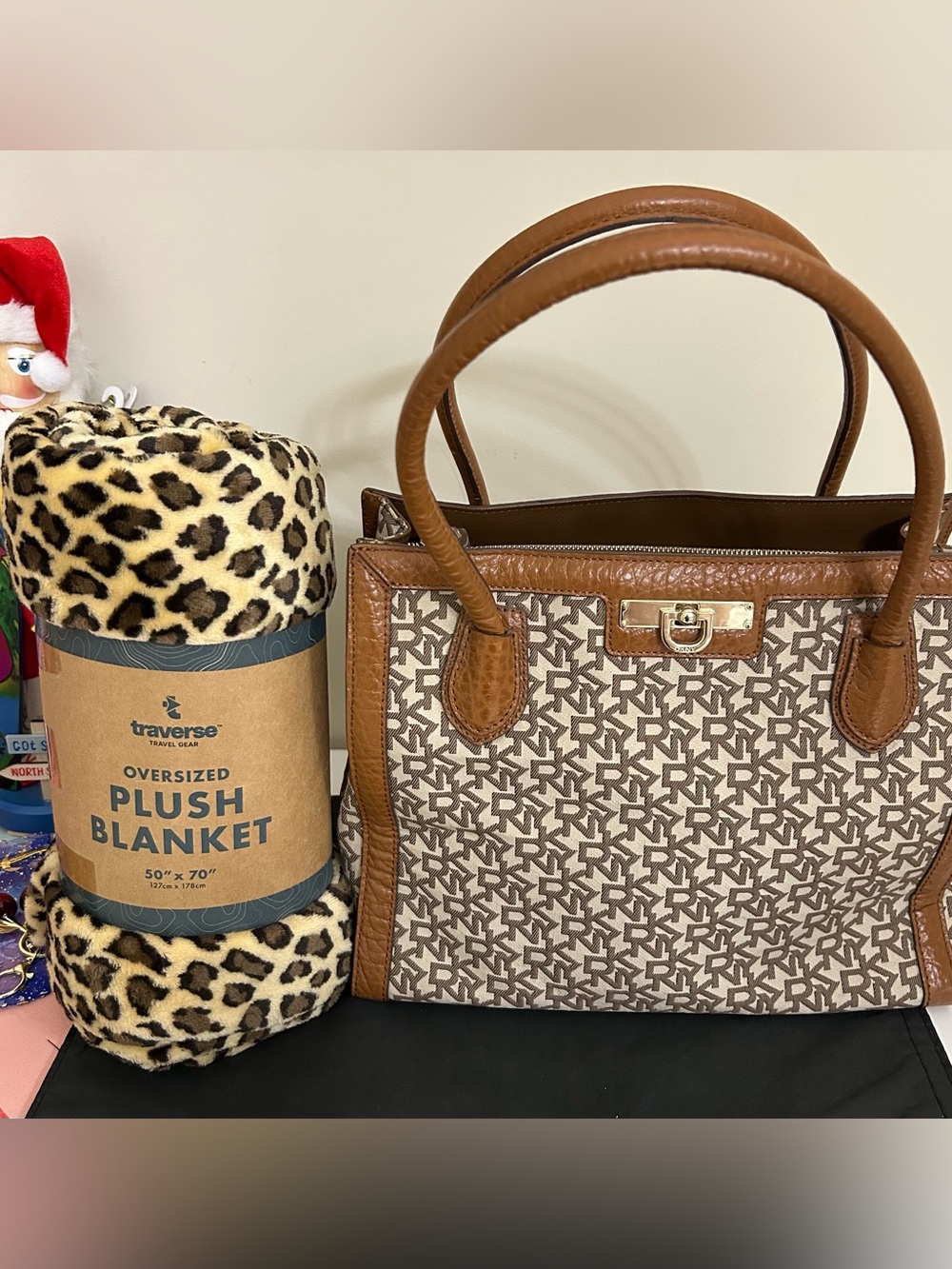 Monogram-Patterned Brown Canvas Shoulder Bag with Tan Leather Trim and Blanket